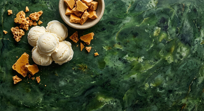 Flat lay of Hokey Pokey ingredients on Pounamu greenstone