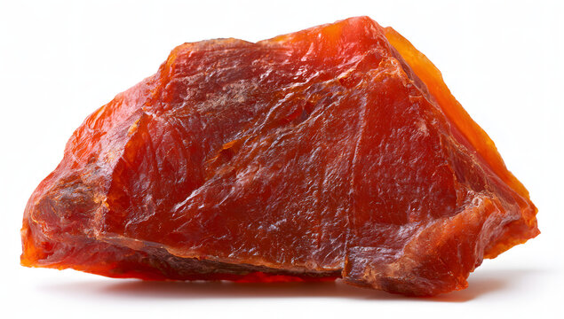 Meat dehydrated on a clean white backdrop. In high definition.