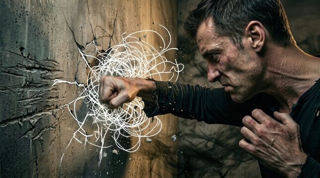Furious man smashing confused thoughts doodle scribble on concrete wall, fist punching white tangle mess with exploding debris, abstract mental breakthrough and therapy concept