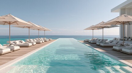 Fototapeta premium Luxury beachfront infinity pool with sun loungers and umbrellas