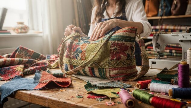 Medium shot capturing the stitching process of upholstery offcut handbags emphasizing vibrant patterns and upcycled fabric use in a creative studio environment.