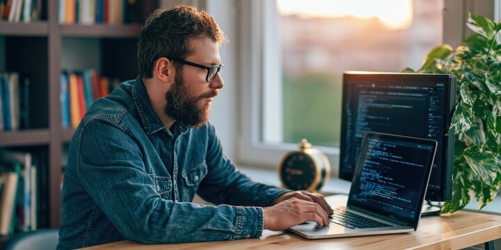 Programmer and developer working on laptop coding software in a bright home office