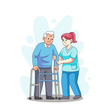 Female nurse or caregiver assisting an elderly senior man walking