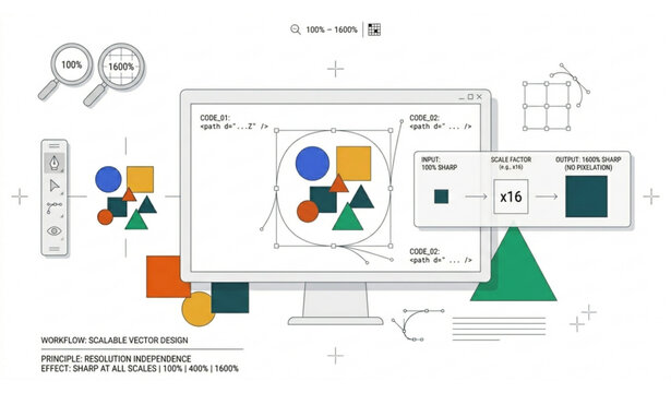 Workflow of scalable vector design, resolution independence principle with sharp output at any scale