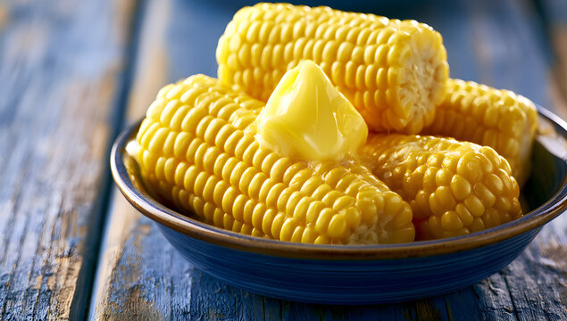 Corn smothered in rich butter served in a bowl on a wooden surface painted blue.
