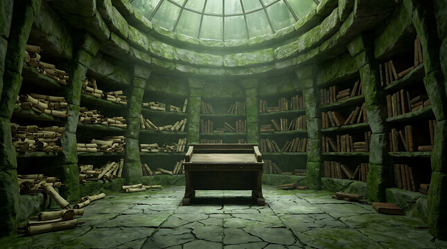 Discover a mysterious ancient library, a forgotten sanctuary where weathered scrolls and moss-covered books line circular shelves beneath a grand domed skylight, an atmospheric scene