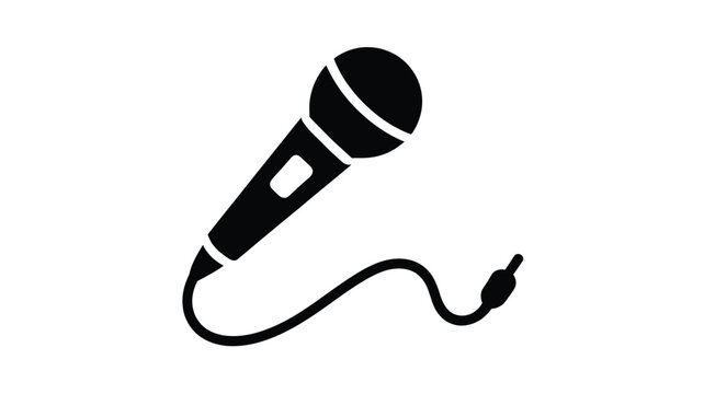 Dynamic microphone icon isolated on white background, simple black and white audio recording symbol showcasing classic design and cord connection for podcast broadcasting music and communication moder