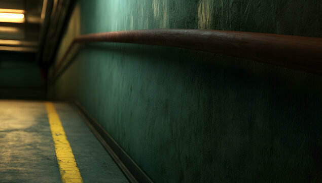 A mature green wall featuring texture, a wooden balustrade, and a yellow safety line on a concrete floor within an industrial passageway.