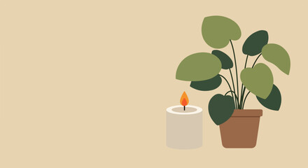 A minimalist vector illustration depicts a green potted houseplant positioned beside a glowing white candle on a warm, neutral beige background. © Aqil Art