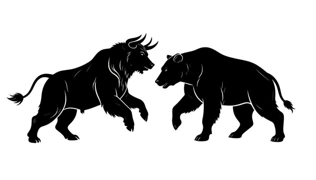 Black silhouette depiction of a bullish bull and a bearish bear facing each other, symbolizing market forces