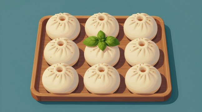 Nine bao buns with basil on a wooden tray. These soft steamed buns filled with savory meat are a popular Asian dish. Perfect for a simple breakfast or lunch meal.