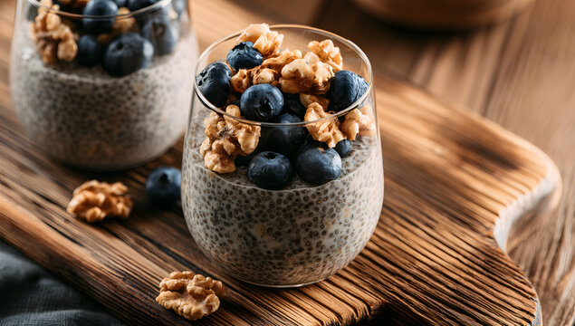 A wooden board featuring two portions of chia seed pudding, blueberries, and walnuts.