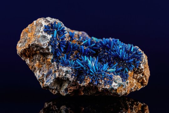 Close up macro shot of vibrant blue mineral stone Cavansite on rough rock. Deep blue background highlights crystal formations. This natural wonder looks like miniature blue needles.