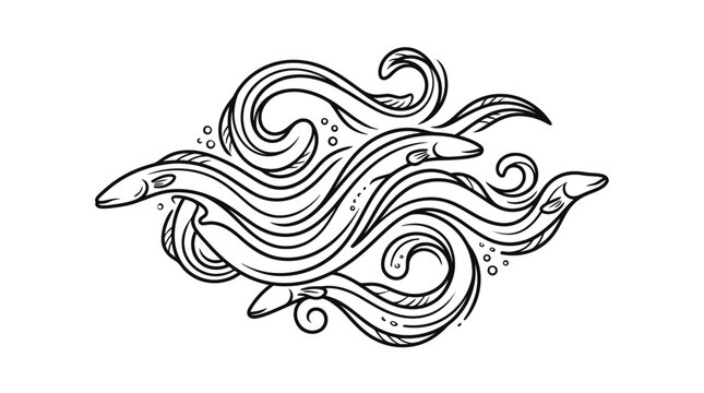 Artistic illustration of eels swimming in swirling water, black and white line art