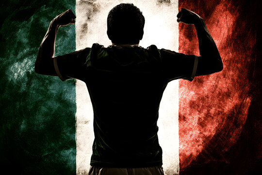 Mexico national football team wallpaper, banner, poster, background. Mexico soccer player silhouette celebrating victory against a national flag.