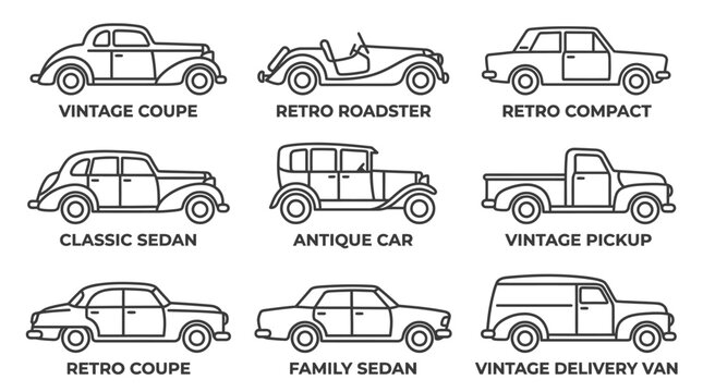 A Collection of Vintage and Antique Car Outline Icons Featuring Various Classic Vehicle Models Including Coupes Roadsters Sedans and Pickup Trucks