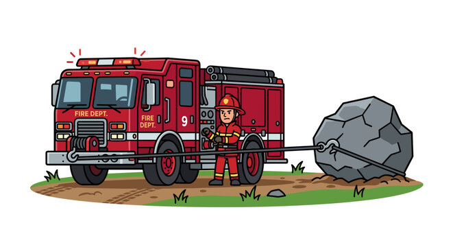 Fire truck pulling a heavy boulder with a winch cable on a dirt road