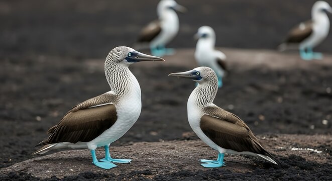 Two blue footed booby birds standing on rocky ground outdoors