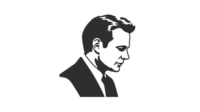 Vintage-style black and white illustration of a thoughtful man in profile, looking down. Classic monochrome portrait.