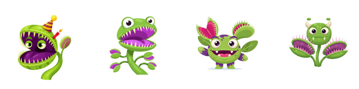 Cute cartoon venus flytrap monsters set isolated on black background