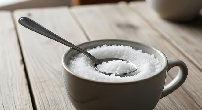 A close-up photo of a gray ceramic mug filled with white sugar and a metal spoon on a wooden table