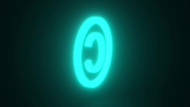 Cyan Copyright Sign Glowing and Rotating on Black Background