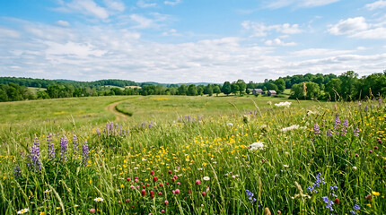 Obraz premium Serene landscape with vibrant wildflowers in a lush green field under a blue sky with scattered clouds