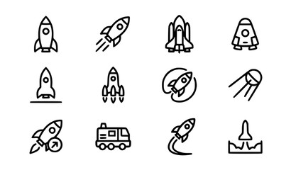 Fototapeta premium Rocket Icon Collection Simple Outline Spacecraft Launch Symbol Set Vector Illustration