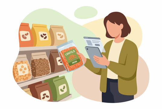 Woman checking nutritional values of lentils in a grocery store