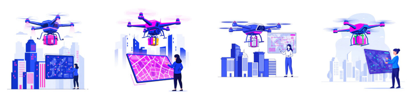 Drone delivery service set with courier and digital city logistics map