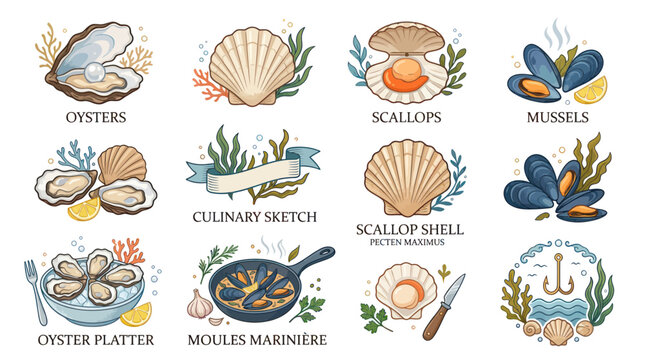 Seafood Collection: Oysters, Scallops, Mussels, Culinary Sketch