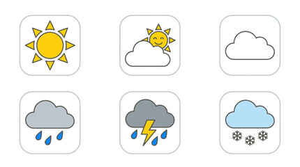 Obraz premium Weather Icons Set: Sun, Clouds, Rain, Thunderstorm, Snow