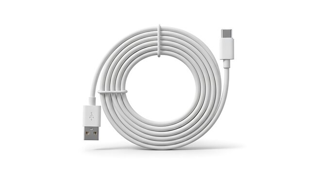 White usb type c cable connected to usb a connector on white background
