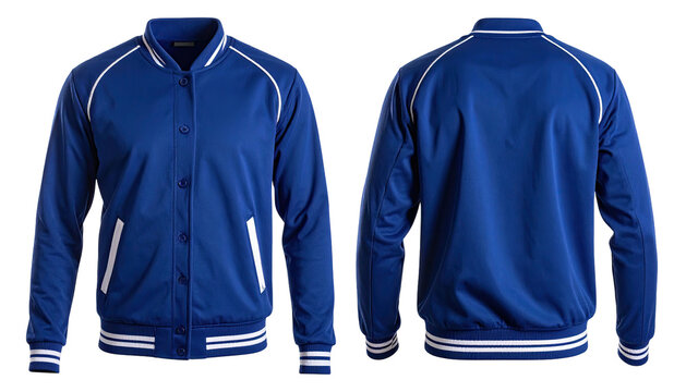 Blue letterman jacket with white trim, front and back views shown