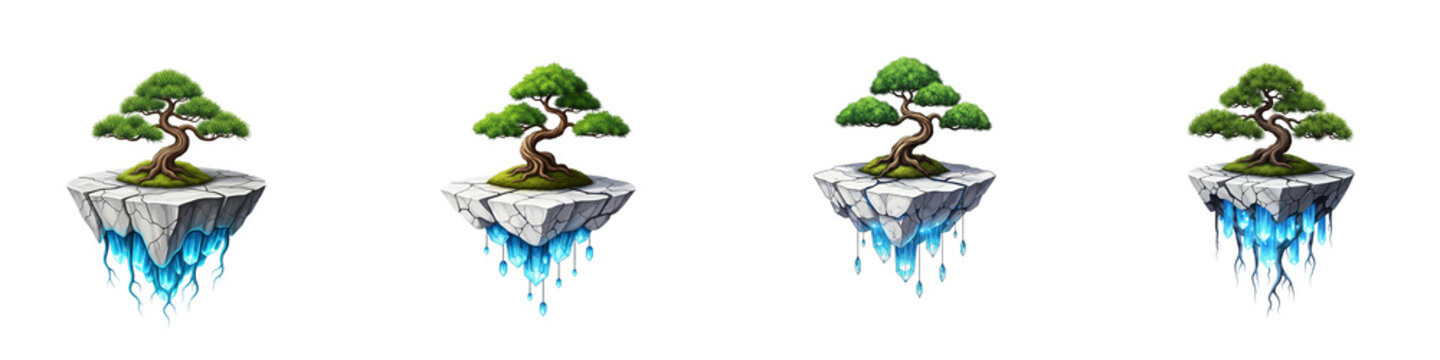 Fantasy floating islands with bonsai trees and glowing blue crystals
