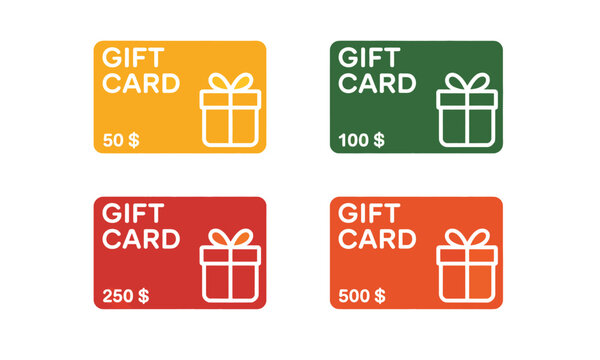 Gift card with dollar bonus isolated on white background, customer reward and loyalty program concept featuring 50, 100, 250 and 500 dollar bonus cards for shopping promotion marketing campaign and mo