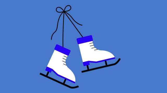 White ice skates hanging with a black bow string on blue background vector animation