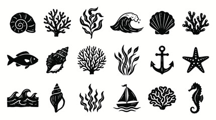 Collection of Marine Life and Nautical Icons in Black and White © Tulippp