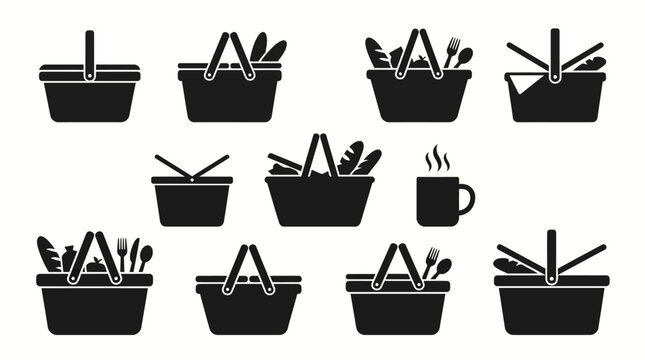 Black Silhouette Picnic Basket Icons and Food Hamper Symbols Set