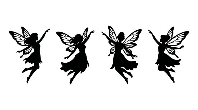 Set of black fairy silhouettes flying with elegant wings