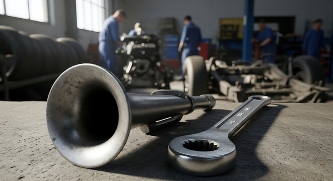 A close-up of a large metal horn and wrench on a workbench in a garage with mechanics working in the background