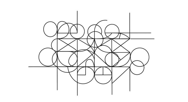 Abstract geometric pattern with intersecting black lines, circles, and curves on white background, minimalist modern design