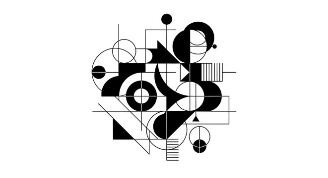 Abstract geometric composition in black and white, modern minimalist vector art with deconstructed shapes and lines, dynamic graphic design.