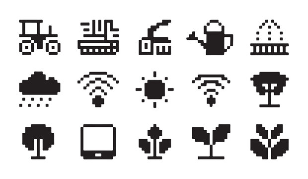 Smart agriculture pixel art icons set digital farming precision tech modern farm production.