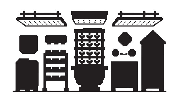 Vertical farming elements silhouette set modern agricultural equipment production technology.