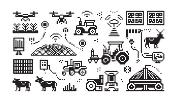 Automated farm system pixel art featuring livestock drones smart tractors and sensors vector.