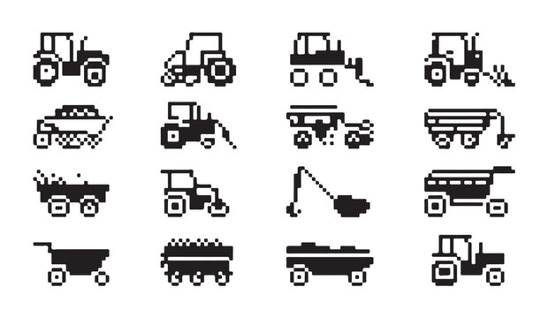 Pixel art tractor and trailer icons for agriculture farming transportation and industry.