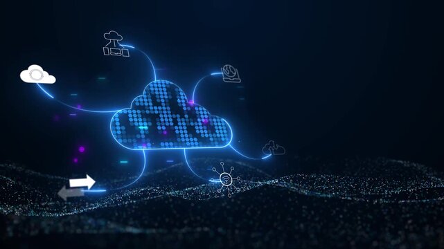 Worldwide database server virtualization and cloud computing hosting concept with global data infrastructure, cloud storage, and digital network technology.