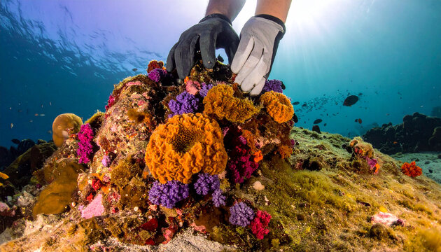Coral Restoration Effort: A diver wearing gloves carefully places vibrant coral fragments onto a damaged reef, working to restore marine biodiversity and ecosystem health.