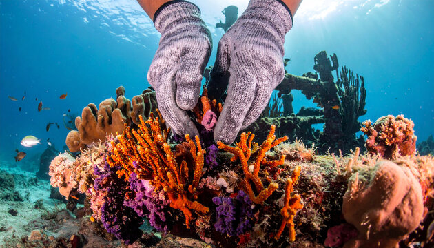 Coral Reef Restoration: Hands in protective gloves gently work on a vibrant coral reef, surrounded by clear blue water and marine life.